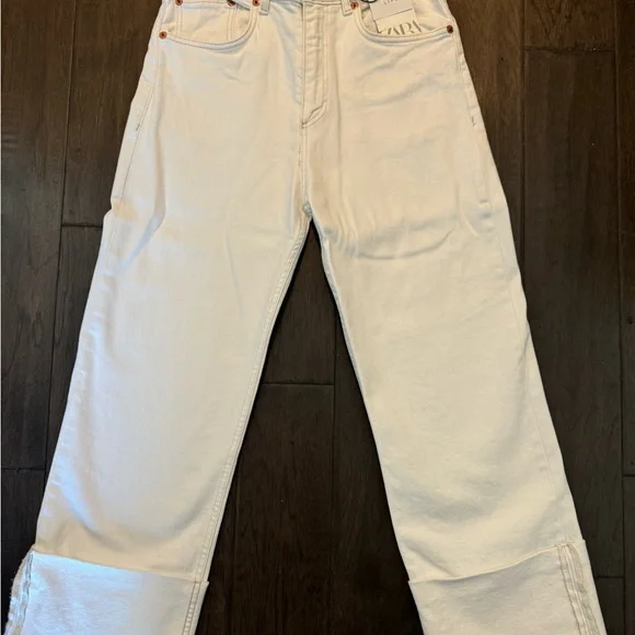 Zara Turn Up Wide Leg Jeans (White, Size USA 8, Tags Included) - Picture 4 of 8